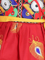 BownBee Embroidered Dhoti Top Janmashtami Dress with Mukut, Bansuri and Patka -Red