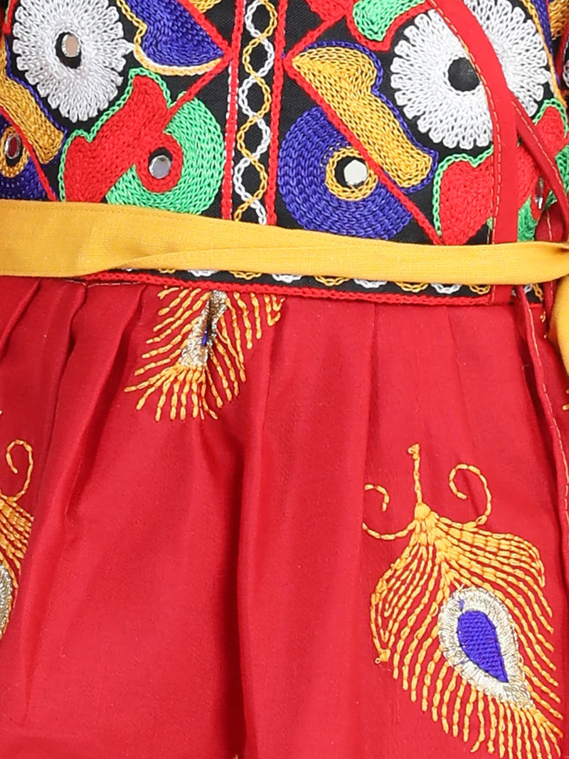 BownBee Embroidered Dhoti Top Janmashtami Dress with Mukut, Bansuri and Patka -Red