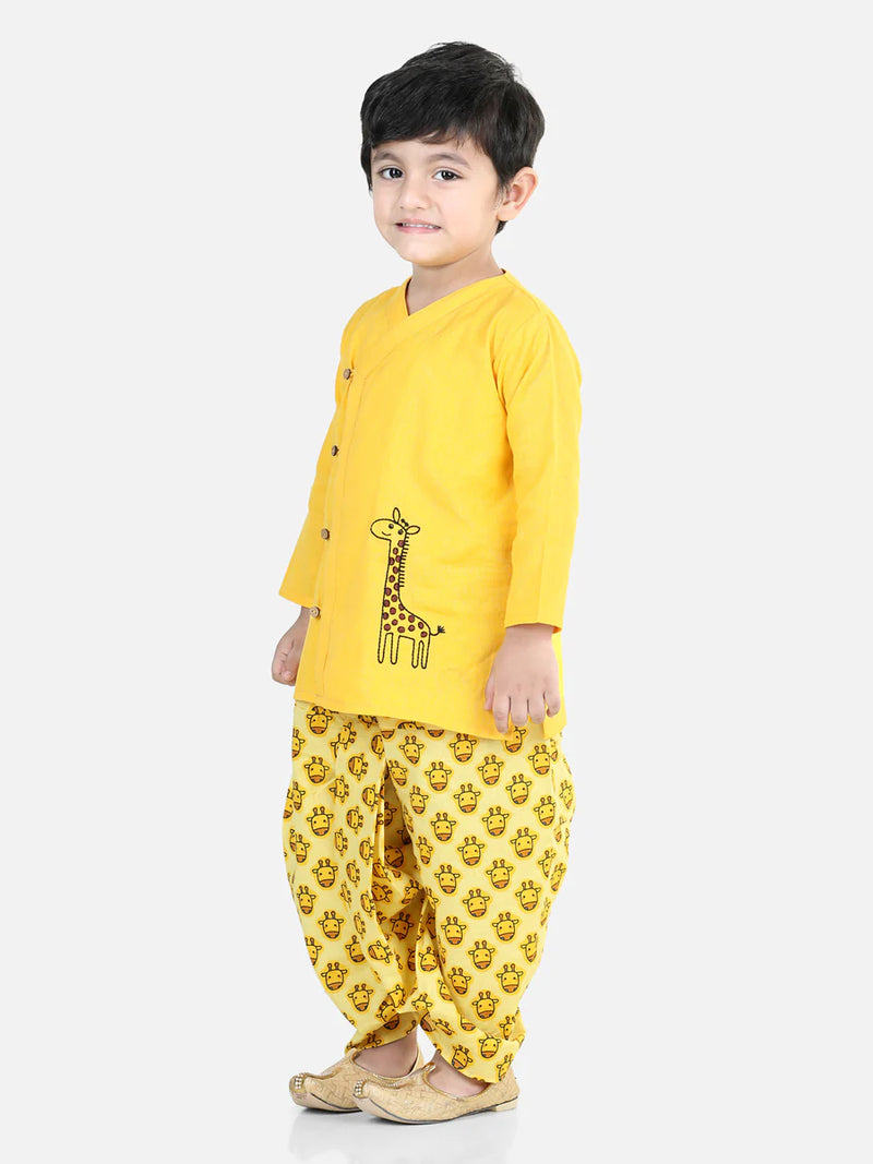 BownBee Cotton Full Sleeves Giraffe Embroidery Kurta with Printed Kurta Dhoti Set - Yellow