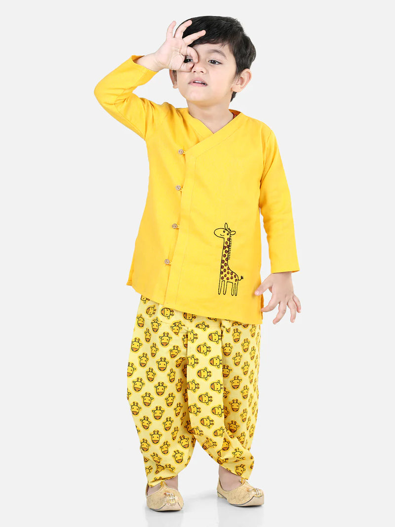 BownBee Cotton Full Sleeves Giraffe Embroidery Kurta with Printed Kurta Dhoti Set - Yellow