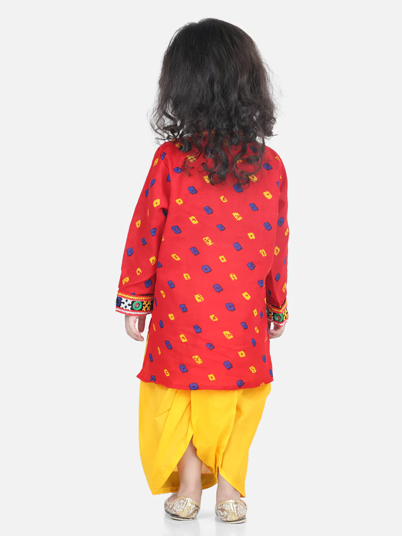 BownBee Full Sleeves Embroidered Placket & Trim Detailing Bandhani Kurta & Dhoti Set - Red