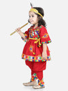 BownBee Embroidered Dhoti Top Janmashtami Dress with Mukut, Bansuri and Patka -Red