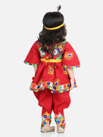 BownBee Embroidered Dhoti Top Janmashtami Dress with Mukut, Bansuri and Patka -Red