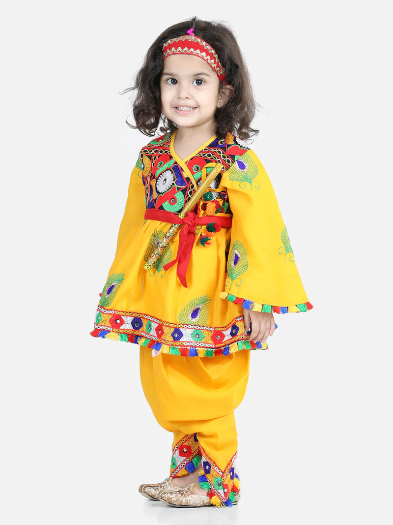 BownBee Embroidered Dhoti Top Janmashtami Dress with Mukut, Bansuri and Patka -Yellow
