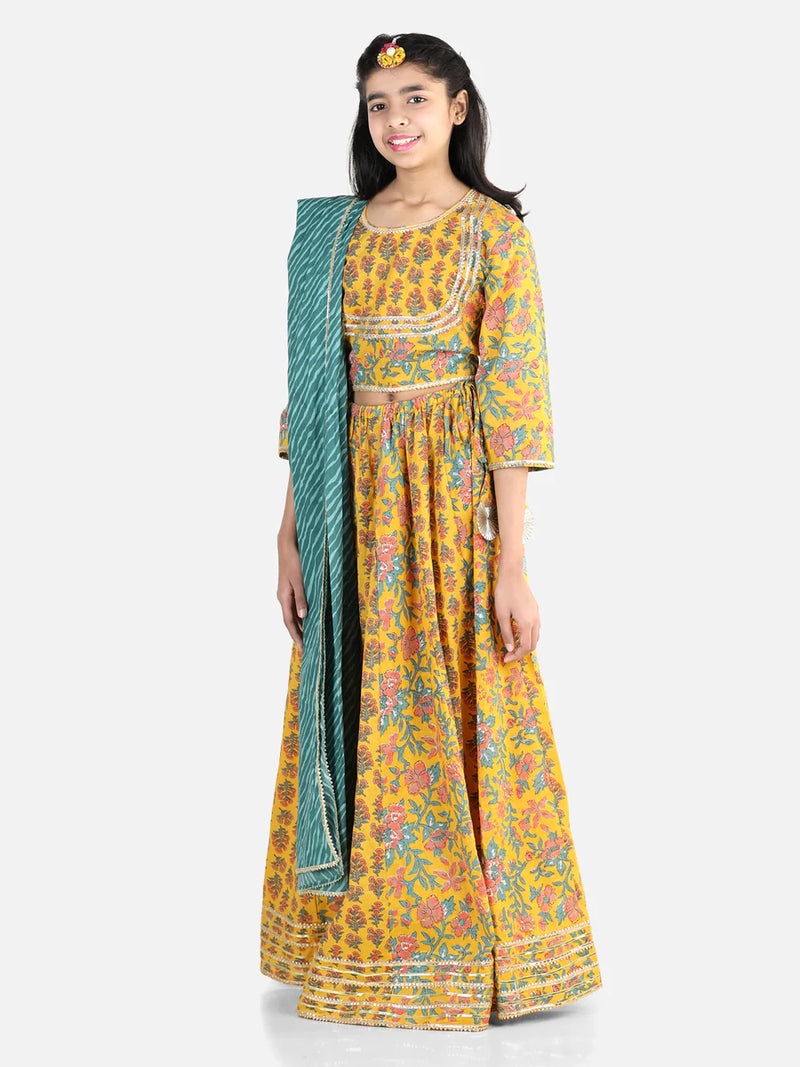 BownBee Pure Cotton Printed Lehenga Choli Dupatta Set for Girls - Yellow