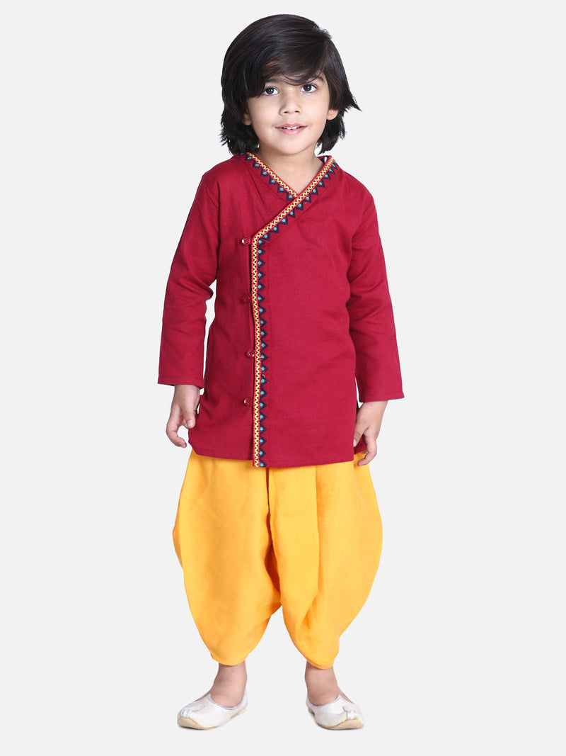 Front Open Embroidered Kurta Dhoti for Boys- Maroon