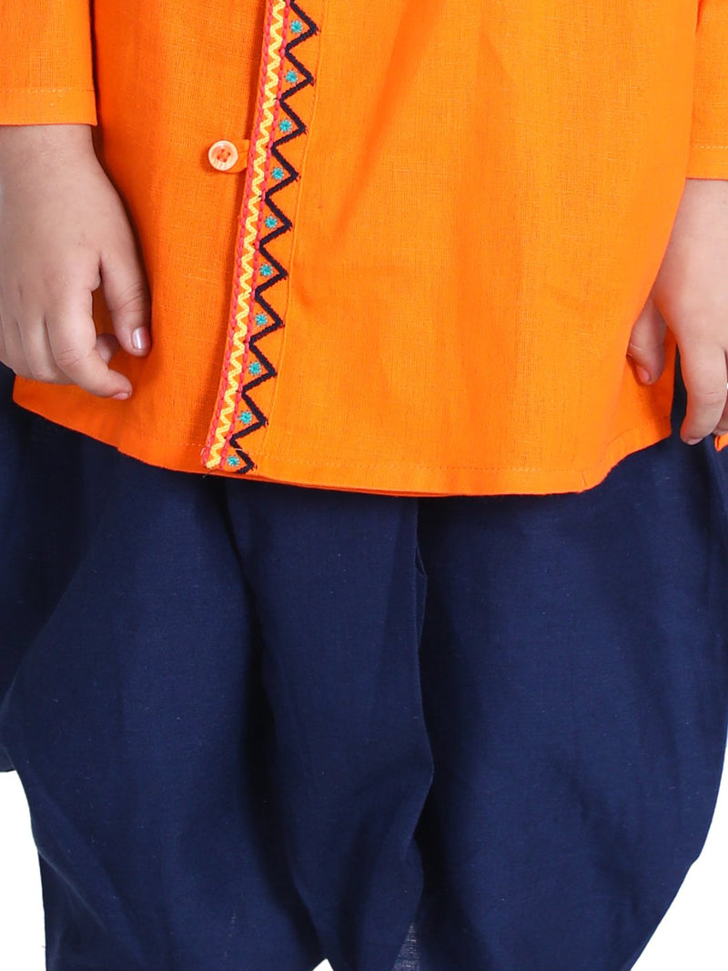 Front Open Embroidered Kurta Dhoti for Boys-Orange