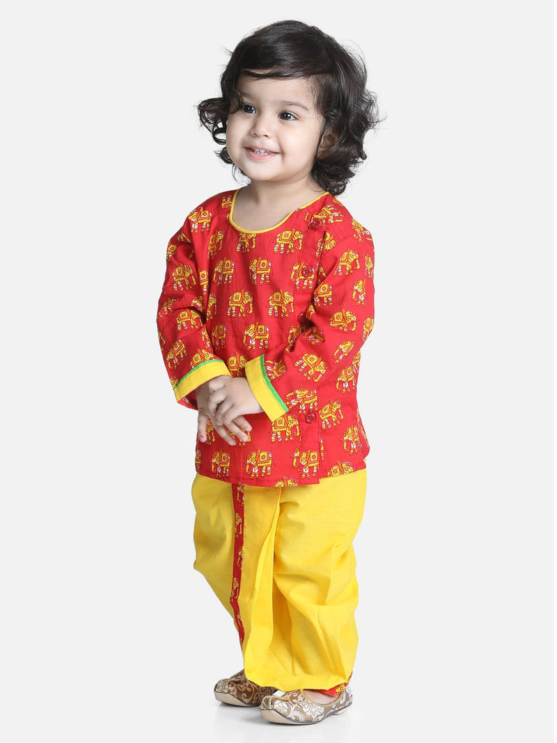 Hathi Print Infant Cotton Dhoti kurta-Red