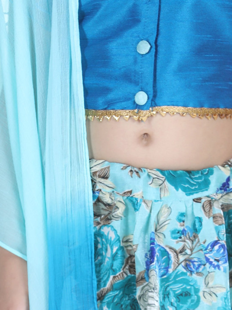 Ruffle Sleeve Collar Choli With Floral Lehenga-Blue