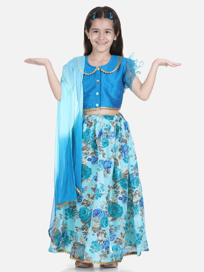Ruffle Sleeve Collar Choli With Floral Lehenga-Blue