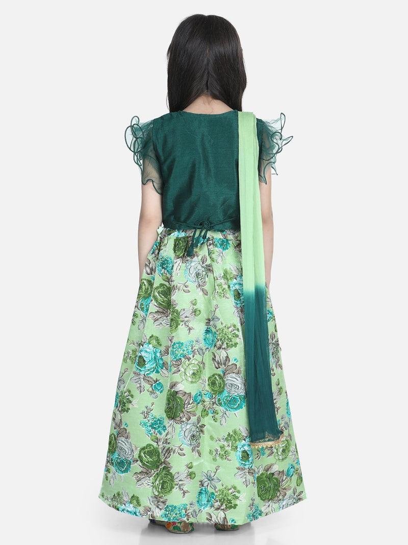 Ruffle Sleeve Collar Choli With Floral Lehenga-Green