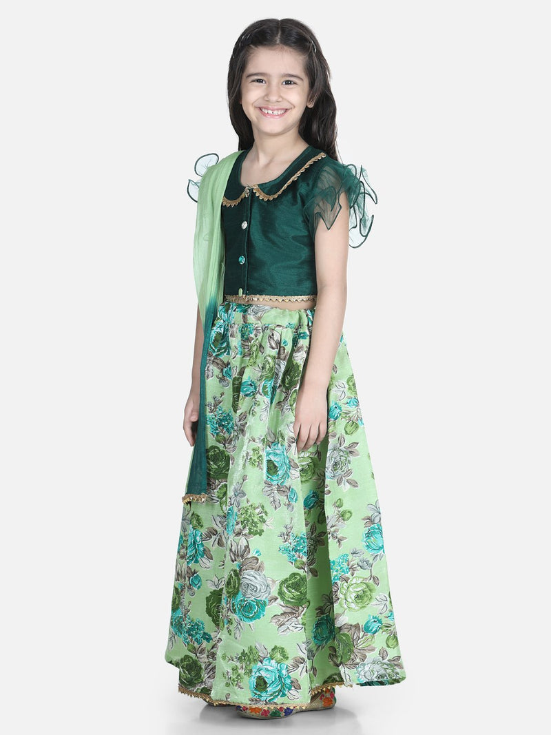 Ruffle Sleeve Collar Choli With Floral Lehenga-Green