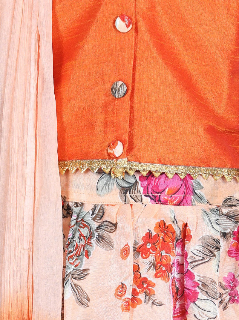 Ruffle Sleeve Collar Choli With Floral Lehenga-Orange