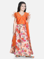 Ruffle Sleeve Collar Choli With Floral Lehenga-Orange