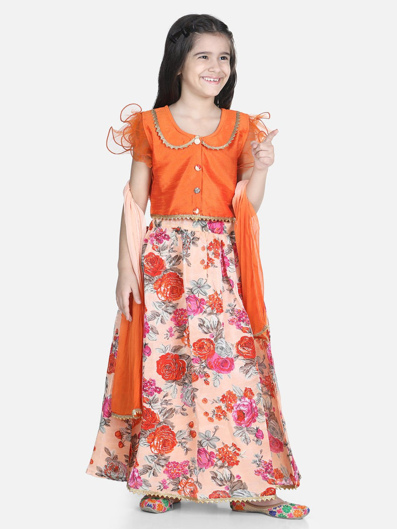 Ruffle Sleeve Collar Choli With Floral Lehenga-Orange