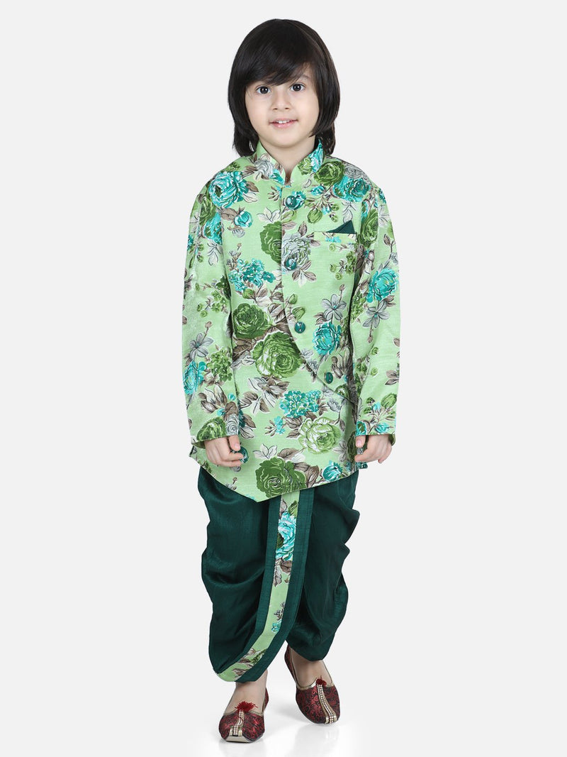 Printed Sherwani Dhoti Set for Boys-Green