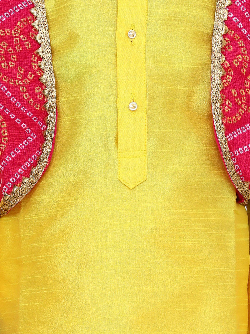 Attached Jacket Bandhani Dhoti Kurta- Yellow