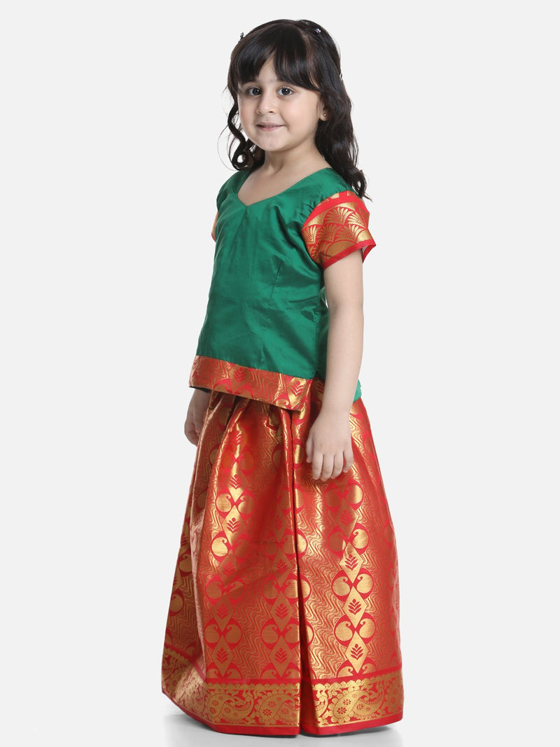 BownBee Half Sleeve South Indian Pavda Pattu Lehenga- Green