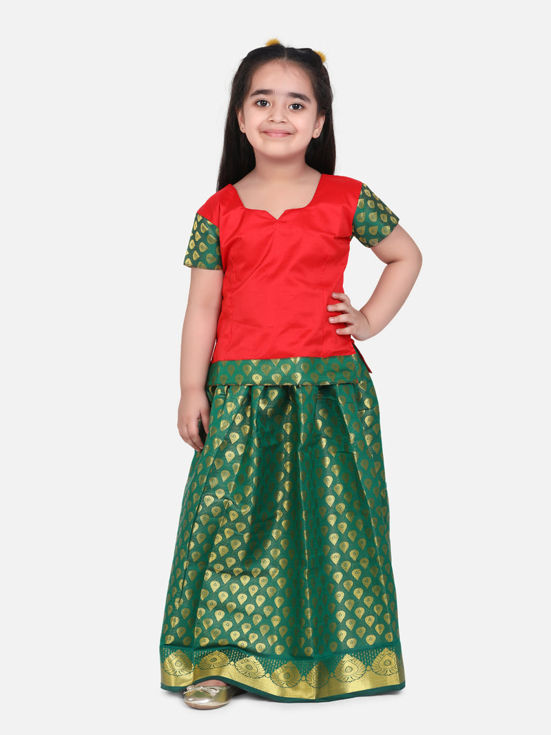 BownBee Half Sleeve South Indian Pavda Pattu Lehenga- Red