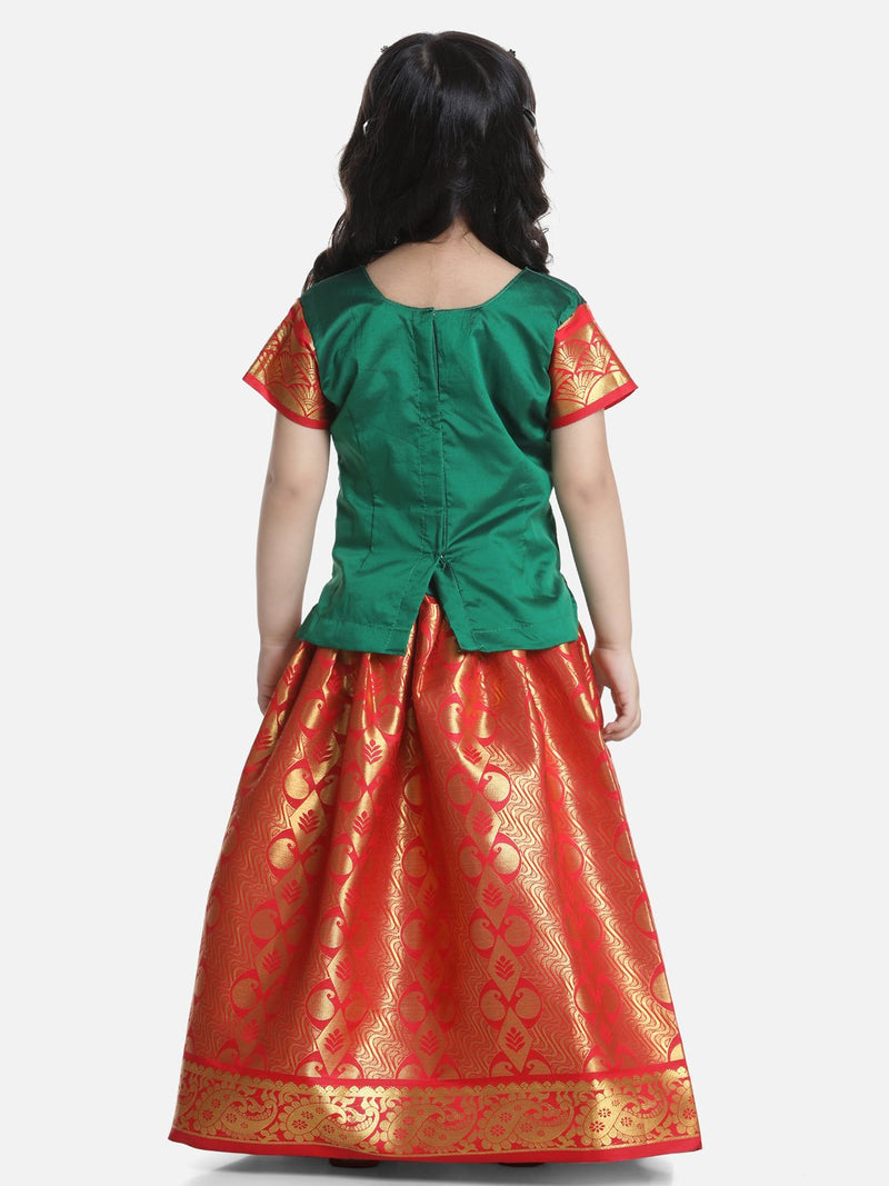 BownBee Half Sleeve South Indian Pavda Pattu Lehenga- Green