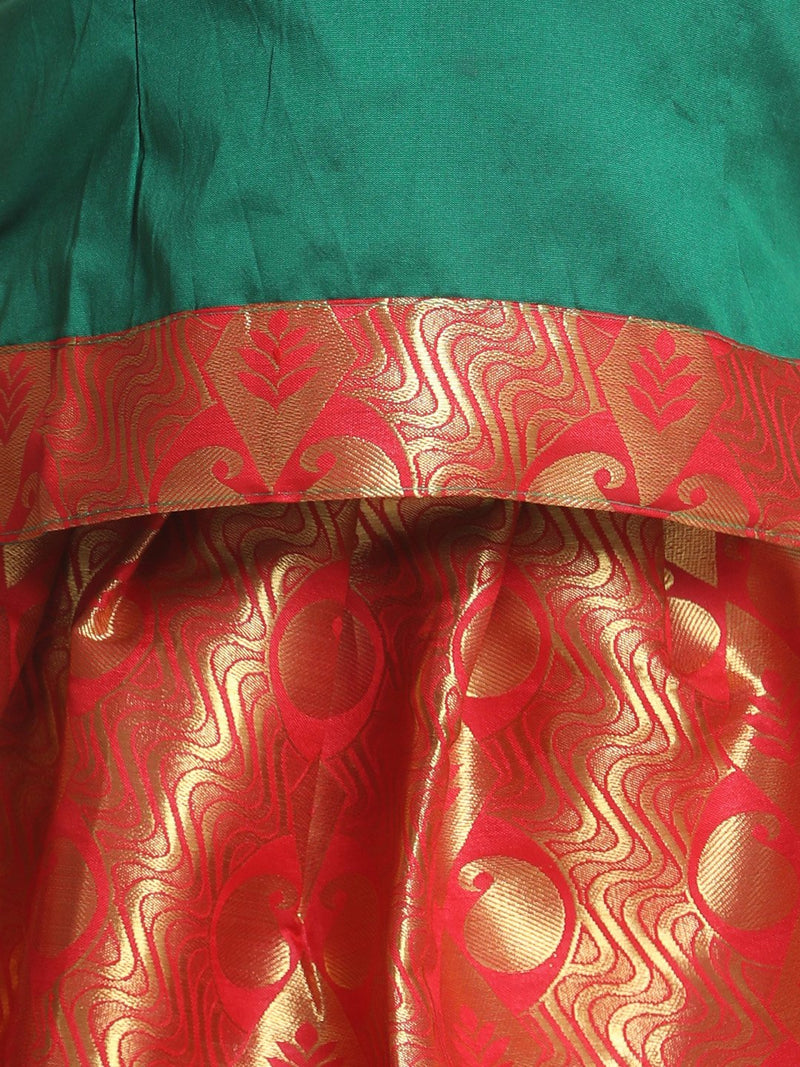 BownBee Half Sleeve South Indian Pavda Pattu Lehenga- Green