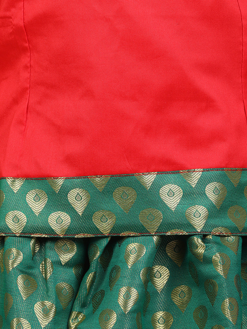 BownBee Half Sleeve South Indian Pavda Pattu Lehenga- Red