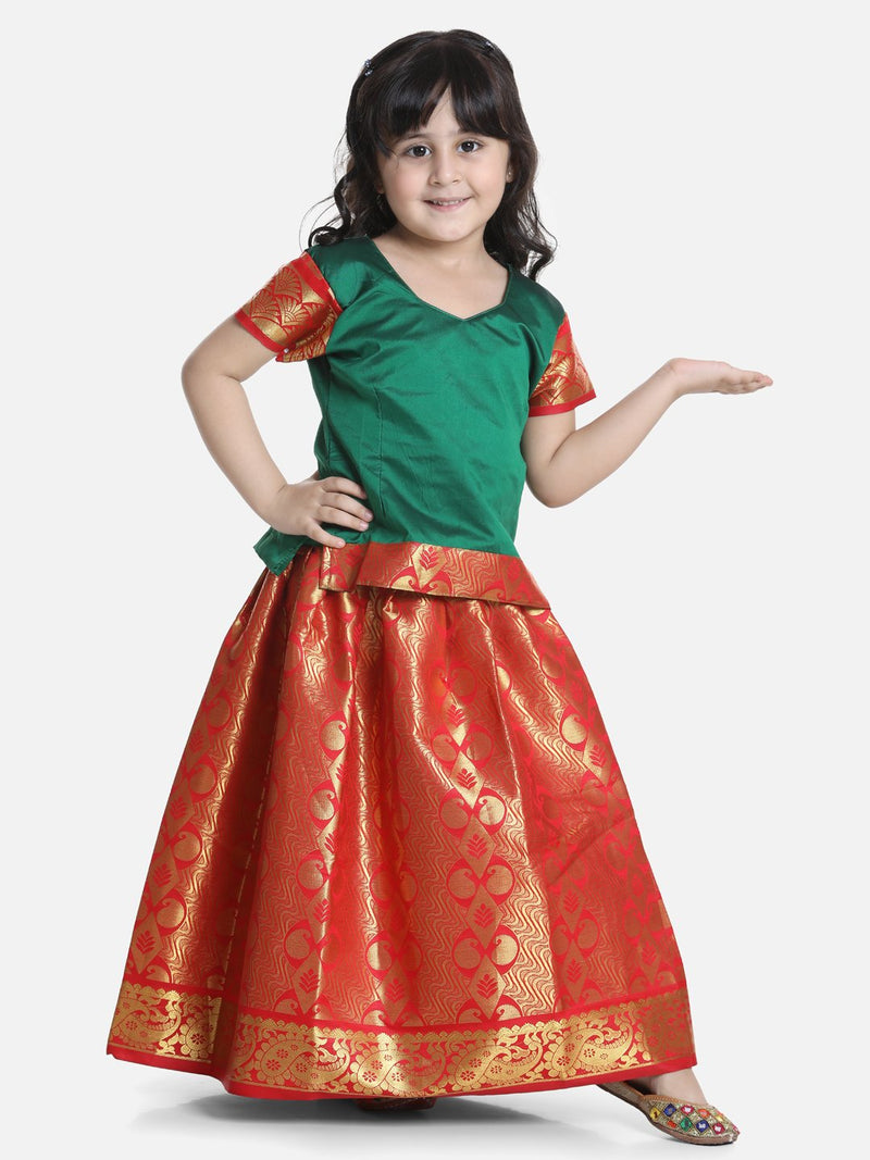 BownBee Half Sleeve South Indian Pavda Pattu Lehenga- Green