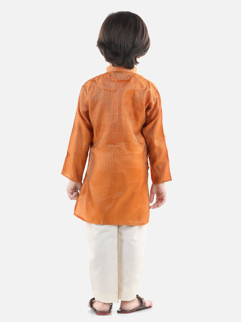 BownBee Full Sleeve Jacquard Kurta Pajama- Orange
