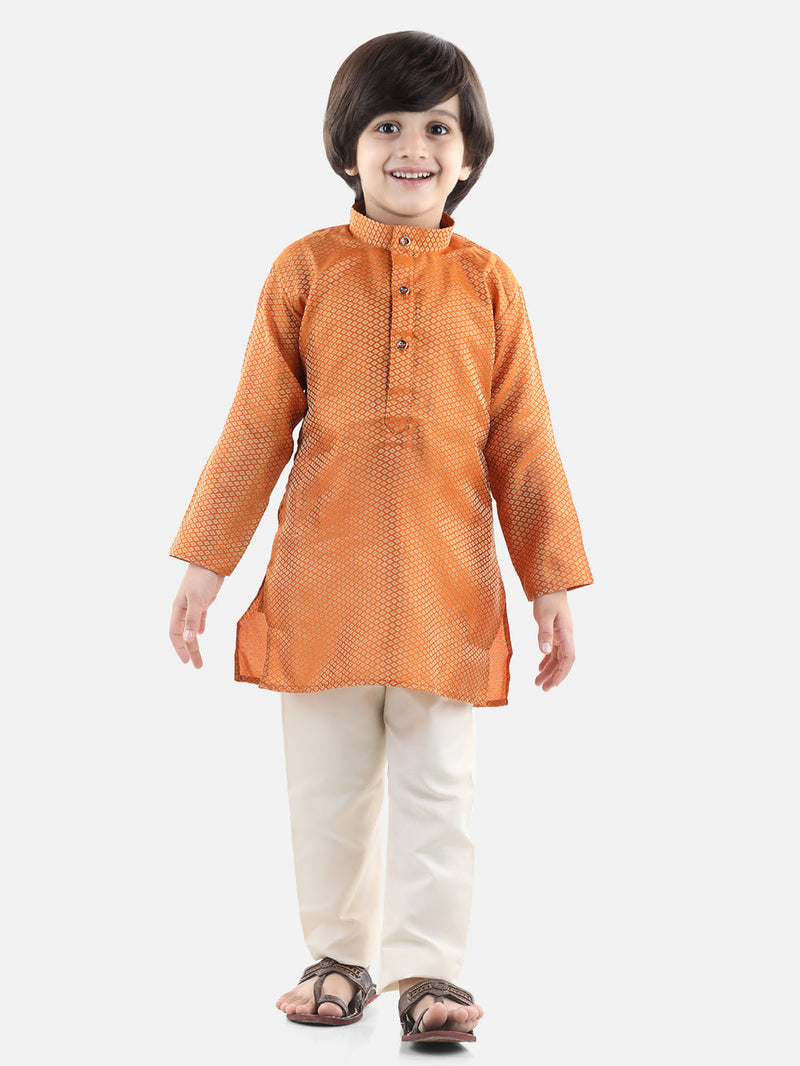 BownBee Full Sleeve Jacquard Kurta Pajama- Orange