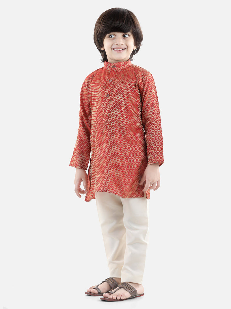 BownBee Full Sleeve Jacquard Kurta Pajama- Red