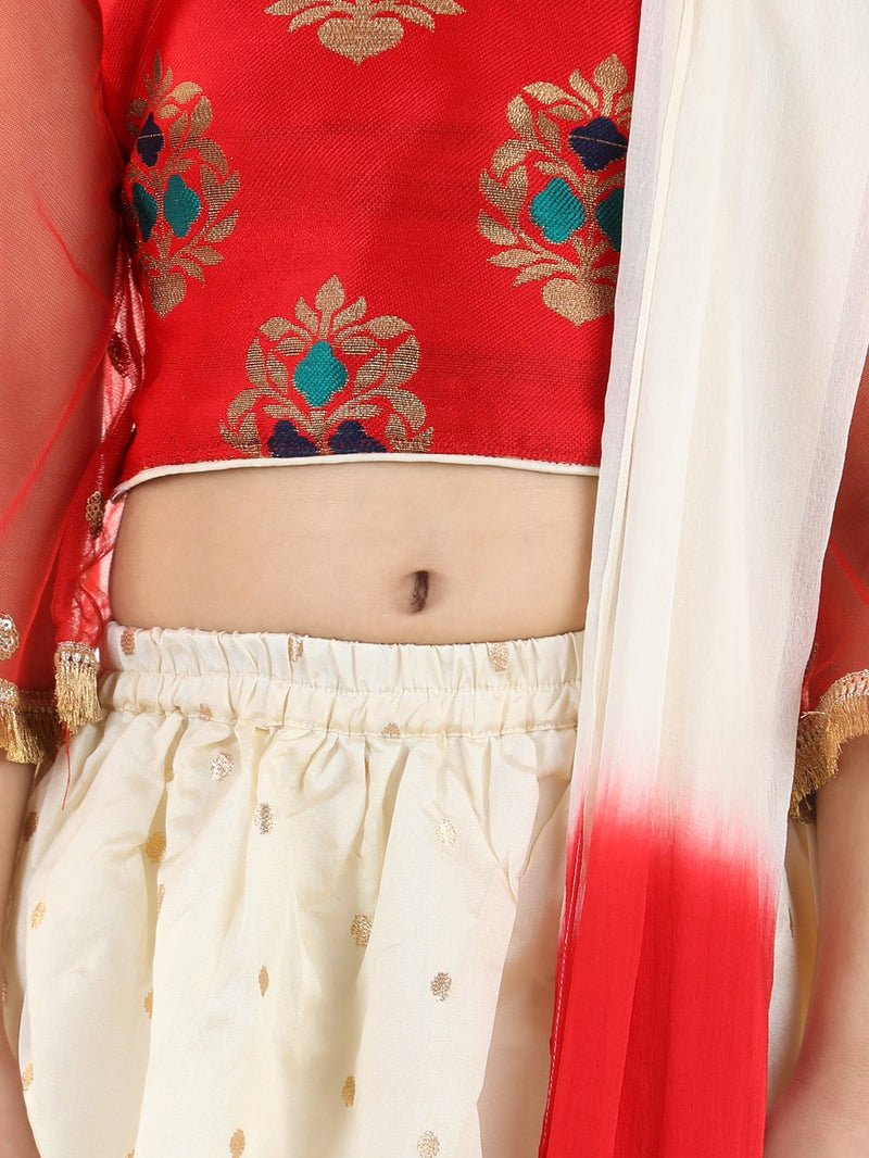 Jacquard Flared Sleeve Top with Silk Lehenga- Red