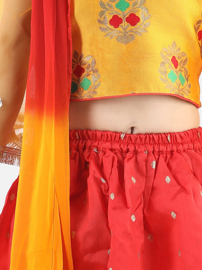 Jacquard Flared Sleeve Top with Silk Lehenga- Yellow