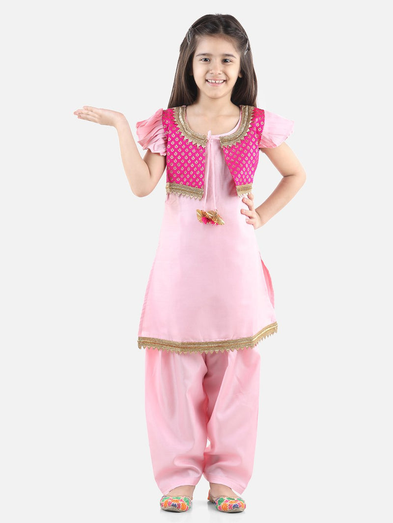 Jacquard Jacket Silk Kurti Salwar Suit for Girls- Baby Pink