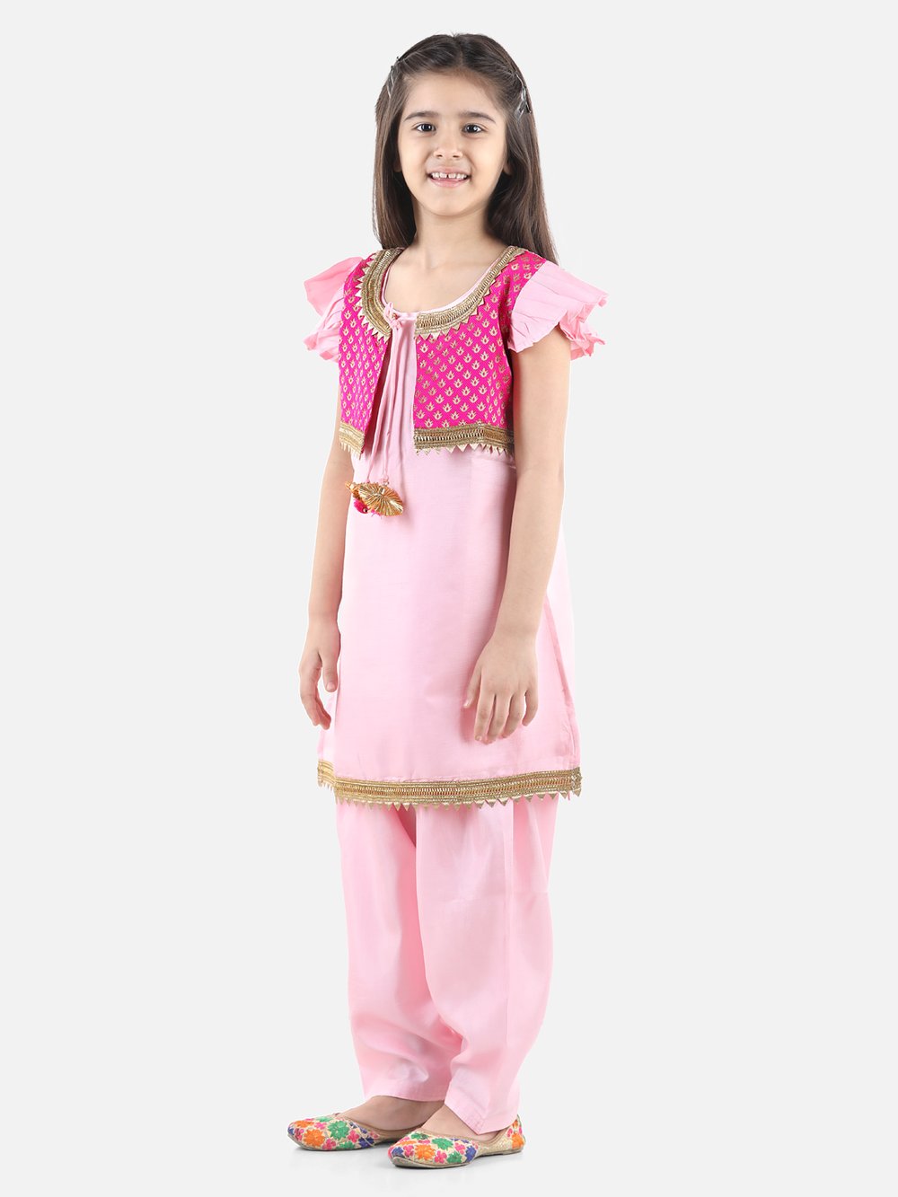 Jacquard Jacket Silk Kurti Salwar Suit for Girls- Baby Pink