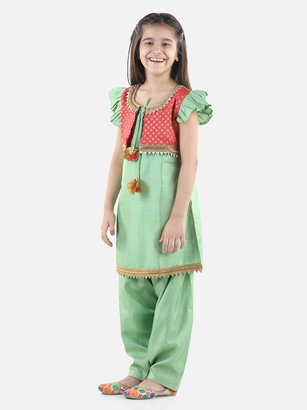 Jacquard Jacket Silk Kurti Salwar Suit for Girls- Green