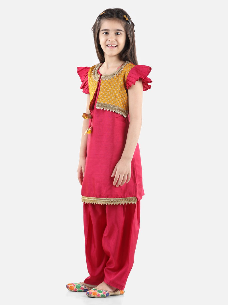 Jacquard Jacket Silk Kurti Salwar Suit for Girls- Pink
