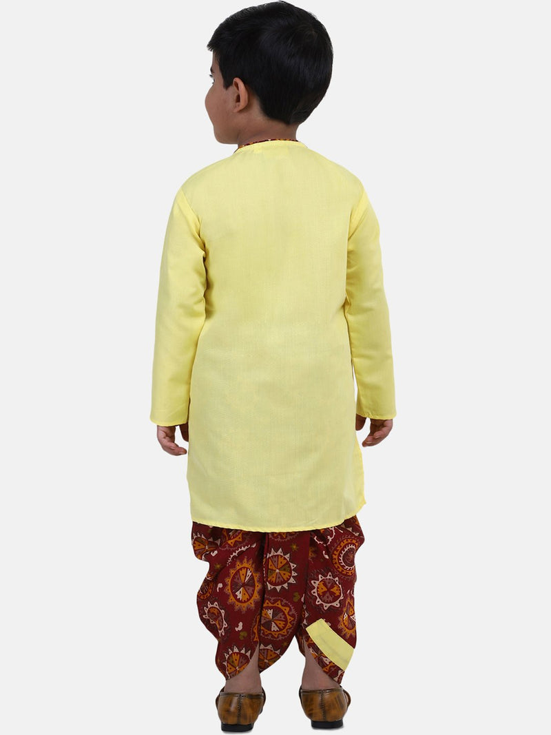 Full Sleeve Printed Dhoti Kurta For Boys-Yellow