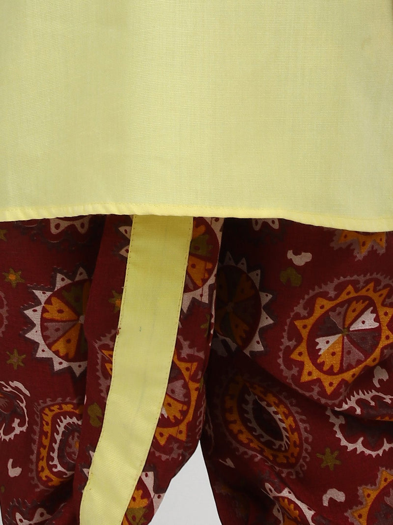 Full Sleeve Printed Dhoti Kurta For Boys-Yellow