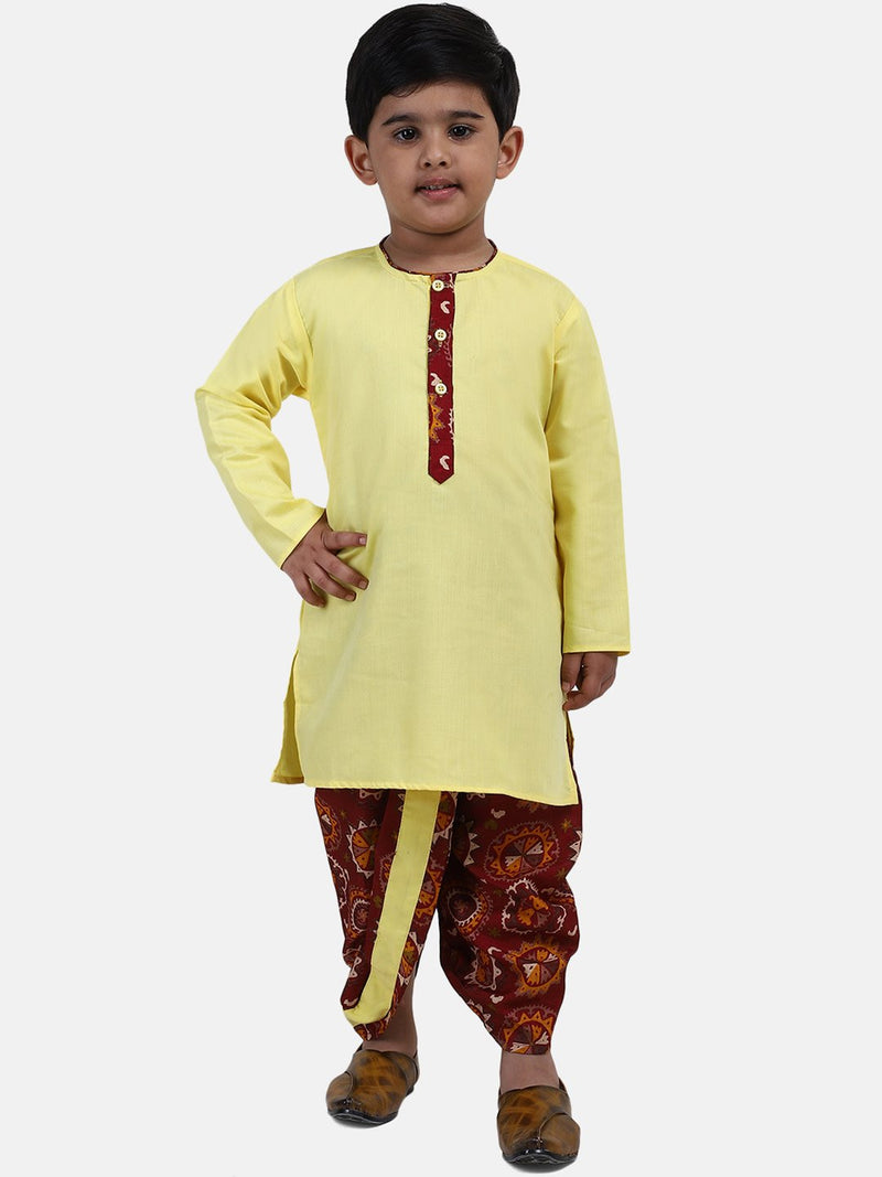 Full Sleeve Printed Dhoti Kurta For Boys-Yellow