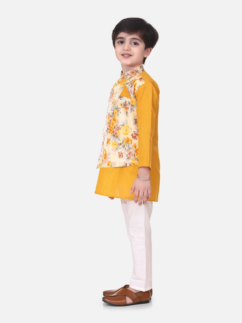 Attached Jacket Kurta Pajama For Boys-Yellow