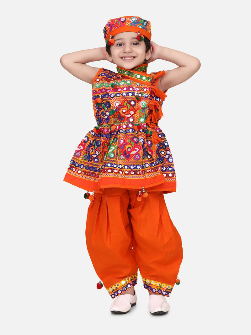 Sleeveless Mirror work kedia dhoti set - Orange