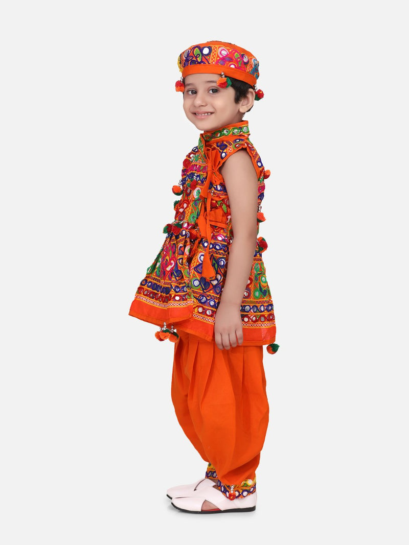 Sleeveless Mirror work kedia dhoti set - Orange