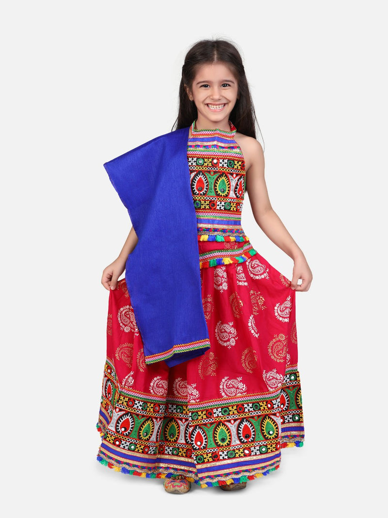 BownBee Gold Print Halter Neck Chaniya Choli- Pink