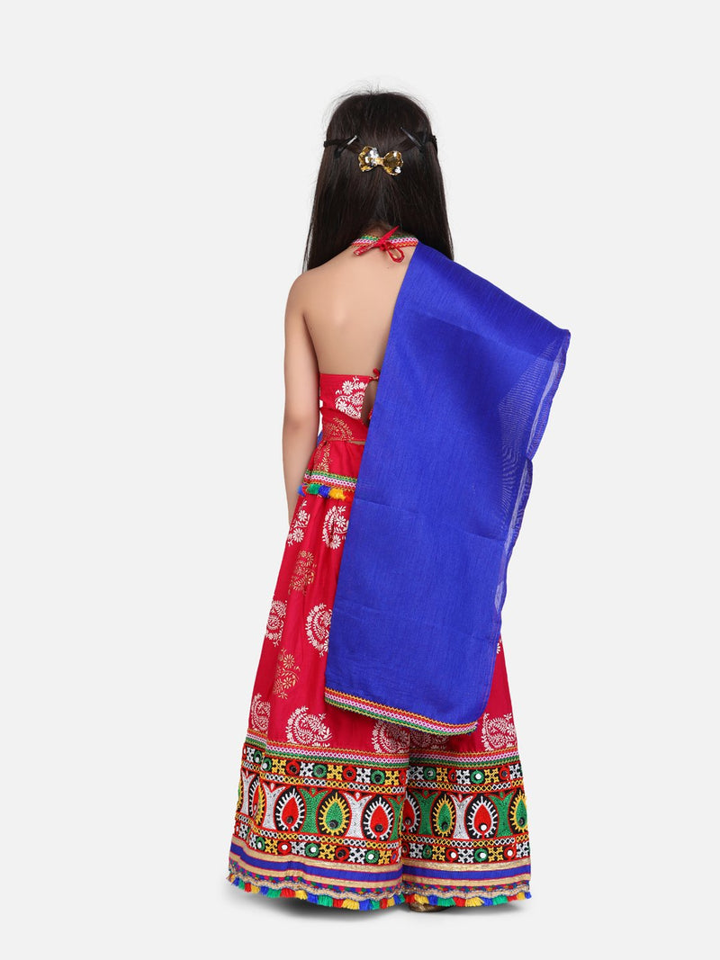BownBee Gold Print Halter Neck Chaniya Choli- Pink