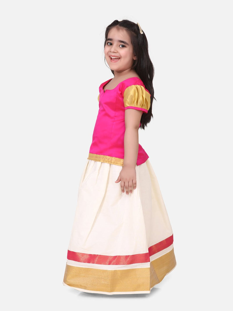 BownBee Girls Half Sleeve South Indian Pavda Pattu Lehenga