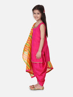 Silk Kurti Dhoti With Leheriya Dupatta For Girls- Pink