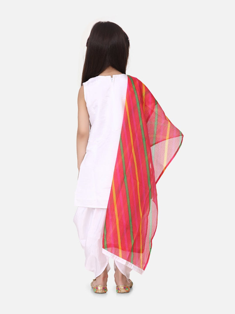 Silk Kurti Dhoti With Leheriya Dupatta For Girls-White