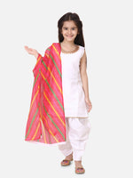 Silk Kurti Dhoti With Leheriya Dupatta For Girls-White