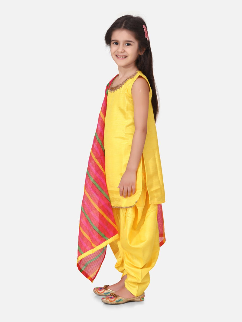 Silk Kurti Dhoti With Leheriya Dupatta For Girls-Yellow