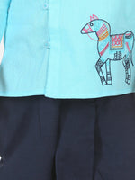 Horse embroidery front open dhoti kurta-Blue